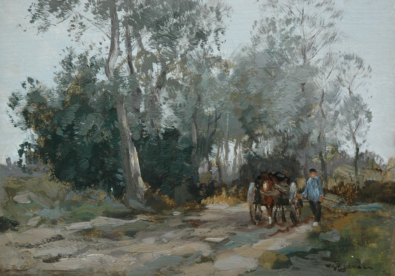 Jansen W.G.F.  | 'Willem' George Frederik Jansen, Laantje met paard en wagen, olieverf op paneel 25,0 x 35,6 cm, gesigneerd rechtsonder