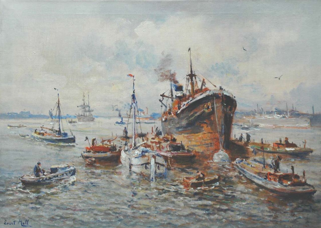Moll E.  | Evert Moll, Stoomschip met slepers in de haven van Rotterdam, olieverf op doek 50,4 x 69,8 cm, gesigneerd linksonder