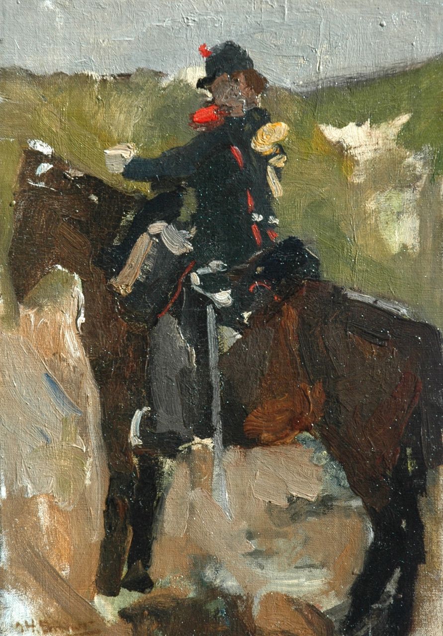Breitner G.H.  | George Hendrik Breitner, Cavalerist te paard, olieverf op doek op paneel 37,3 x 26,6 cm, gesigneerd linksonder