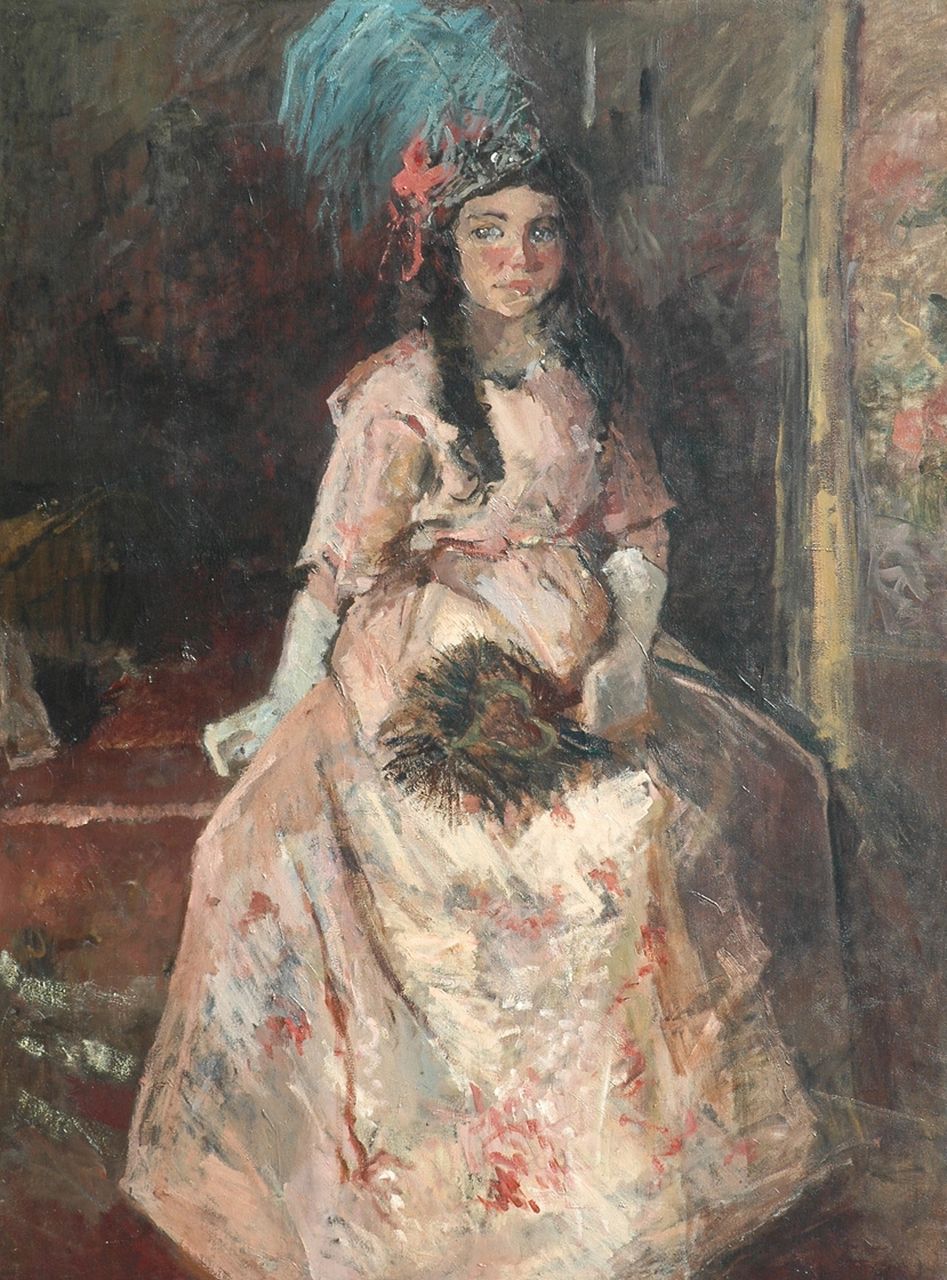 Ritsema J.J.  | Jacoba Johanna 'Coba' Ritsema, Portret van zittend meisje in baljurk, olieverf op doek 138,0 x 104,1 cm