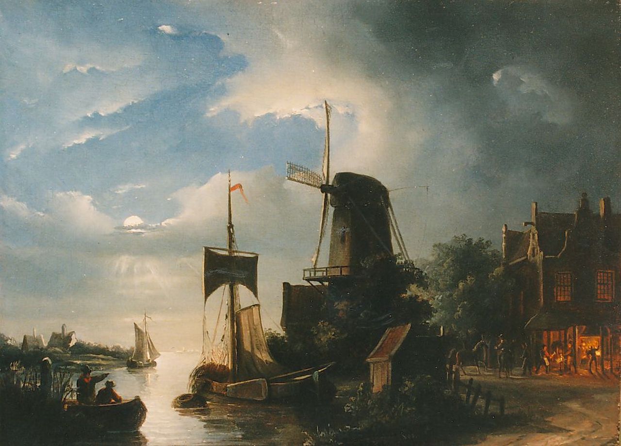 Vos C.A.  | Christoffel Albertus Vos, Rivierlandschap bij maanlicht, olieverf op paneel 23,0 x 32,0 cm, gesigneerd r v/h m
