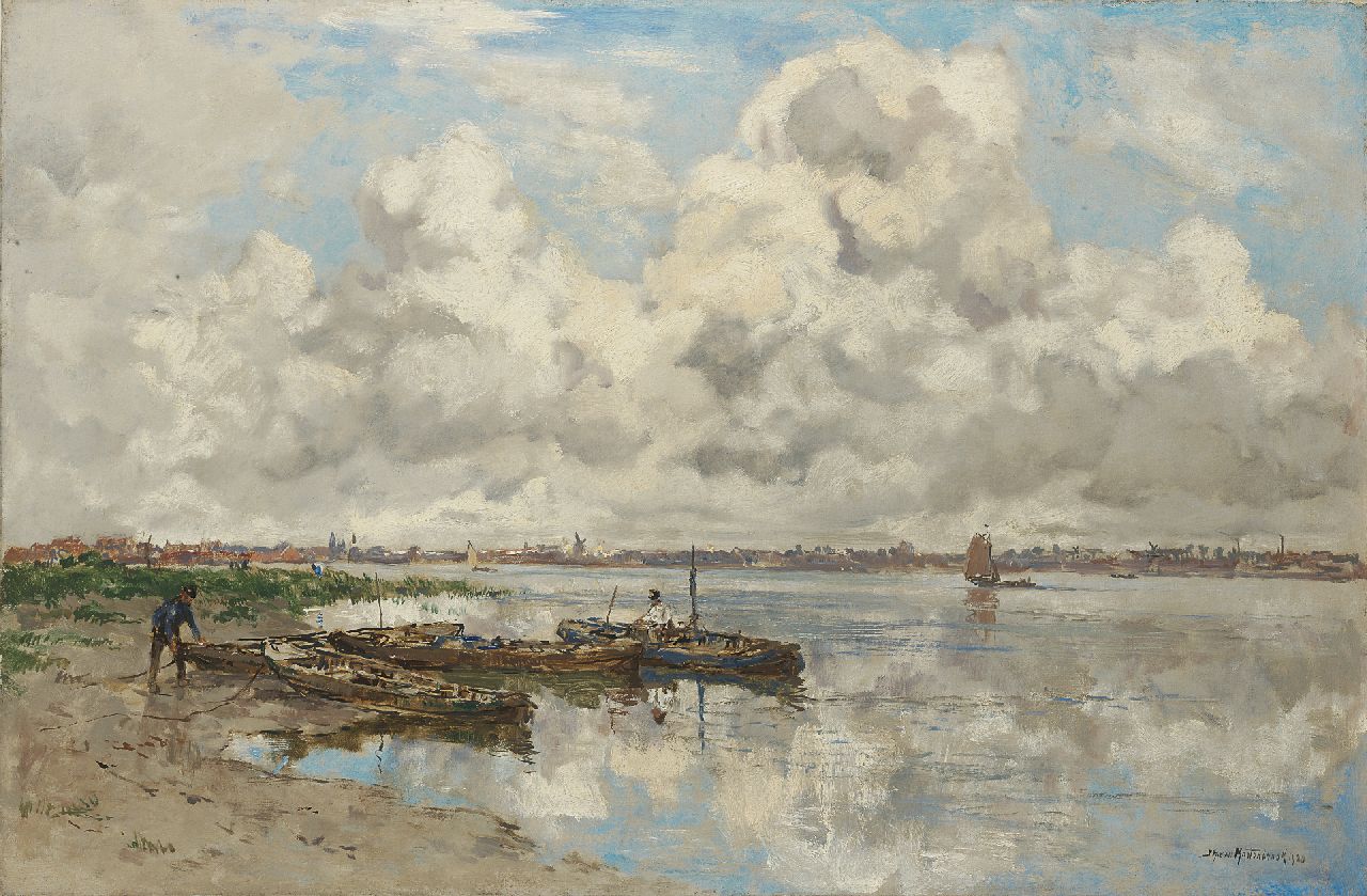Mastenbroek J.H. van | Johan Hendrik van Mastenbroek, Een rustig plekje op de rivier, olieverf op doek 46,9 x 71,1 cm, gesigneerd rechtsonder en gedateerd 1920