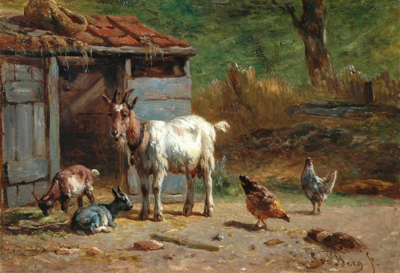 Berg S. van den | Simon van den Berg, Geiten en kippen op boerenerf, olieverf op paneel 17,3 x 25,0 cm, gesigneerd rechtsonder