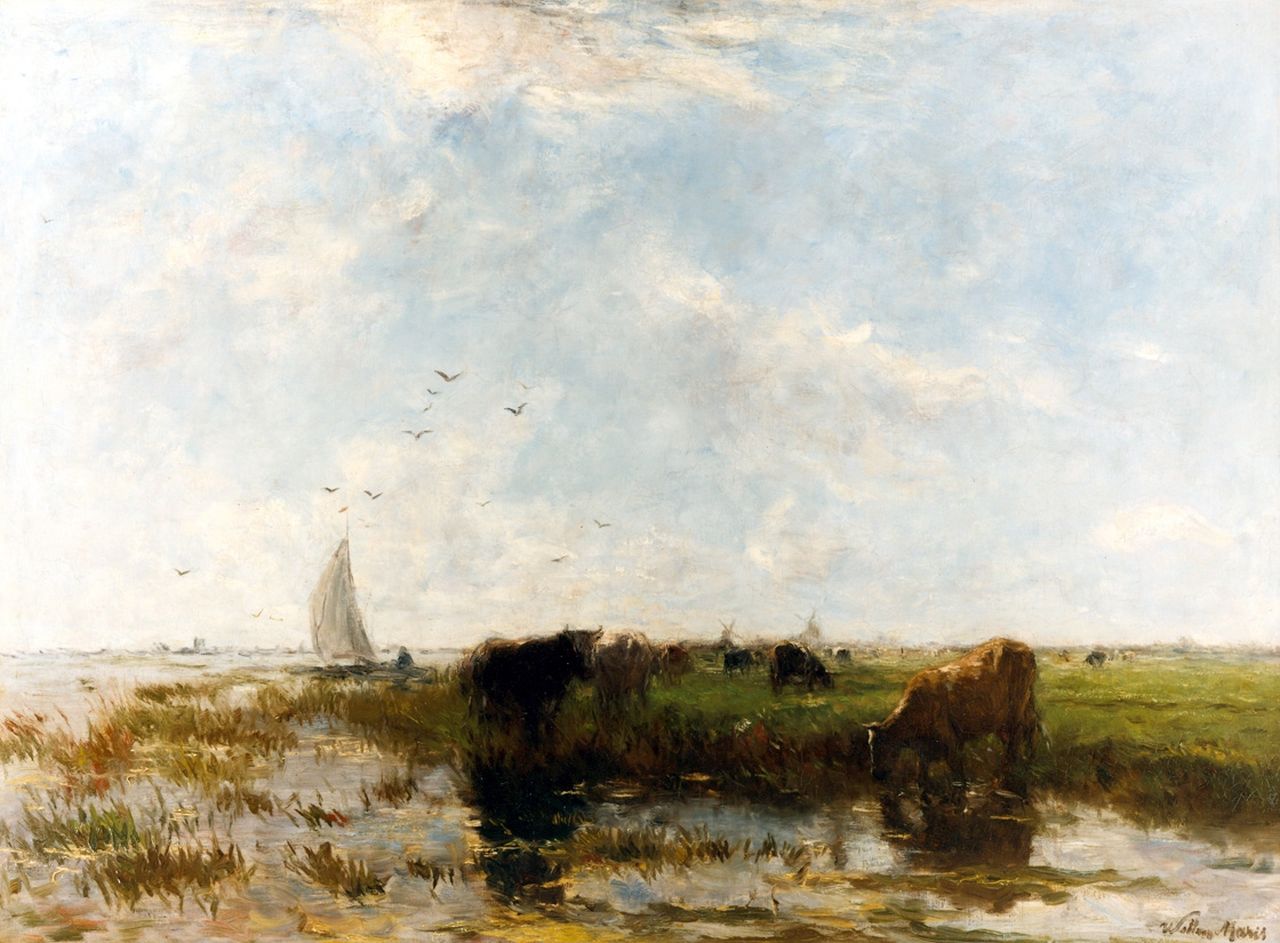 Maris W.  | Willem Maris, Riviergezicht met grazende koeien, olieverf op doek 67,0 x 91,0 cm, gesigneerd rechtsonder en te dateren ca. 1875