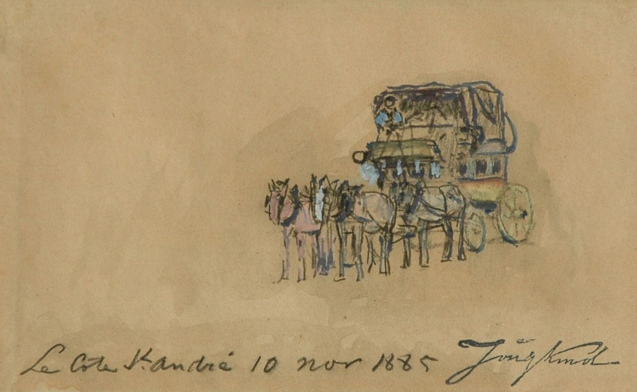 Jongkind J.B.  | Johan Barthold Jongkind, De postkoets, La Côte-Saint-André, zwart krijt en aquarel op papier 11,6 x 17,7 cm, gesigneerd rechtsonder met naamstempel en gedateerd 'La Côte St. André 10 nov 1885'