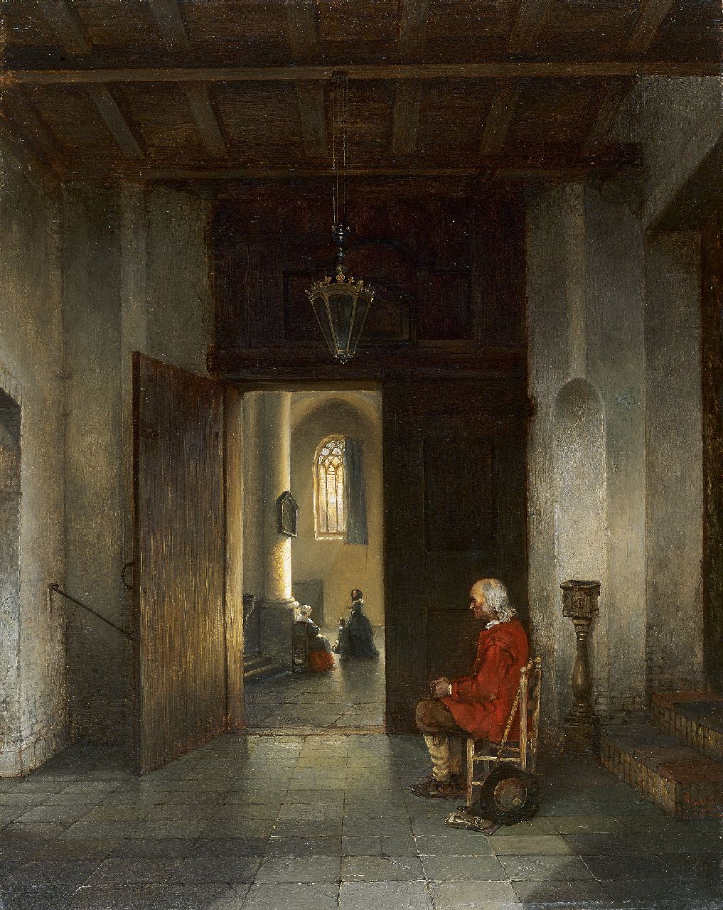 Stroebel J.A.B.  | Johannes Anthonie Balthasar Stroebel, Voorportaal van een Hollandse kerk in de 17e eeuw, olieverf op paneel 62,3 x 48,3 cm, gesigneerd rechtsonder en gedateerd 1846