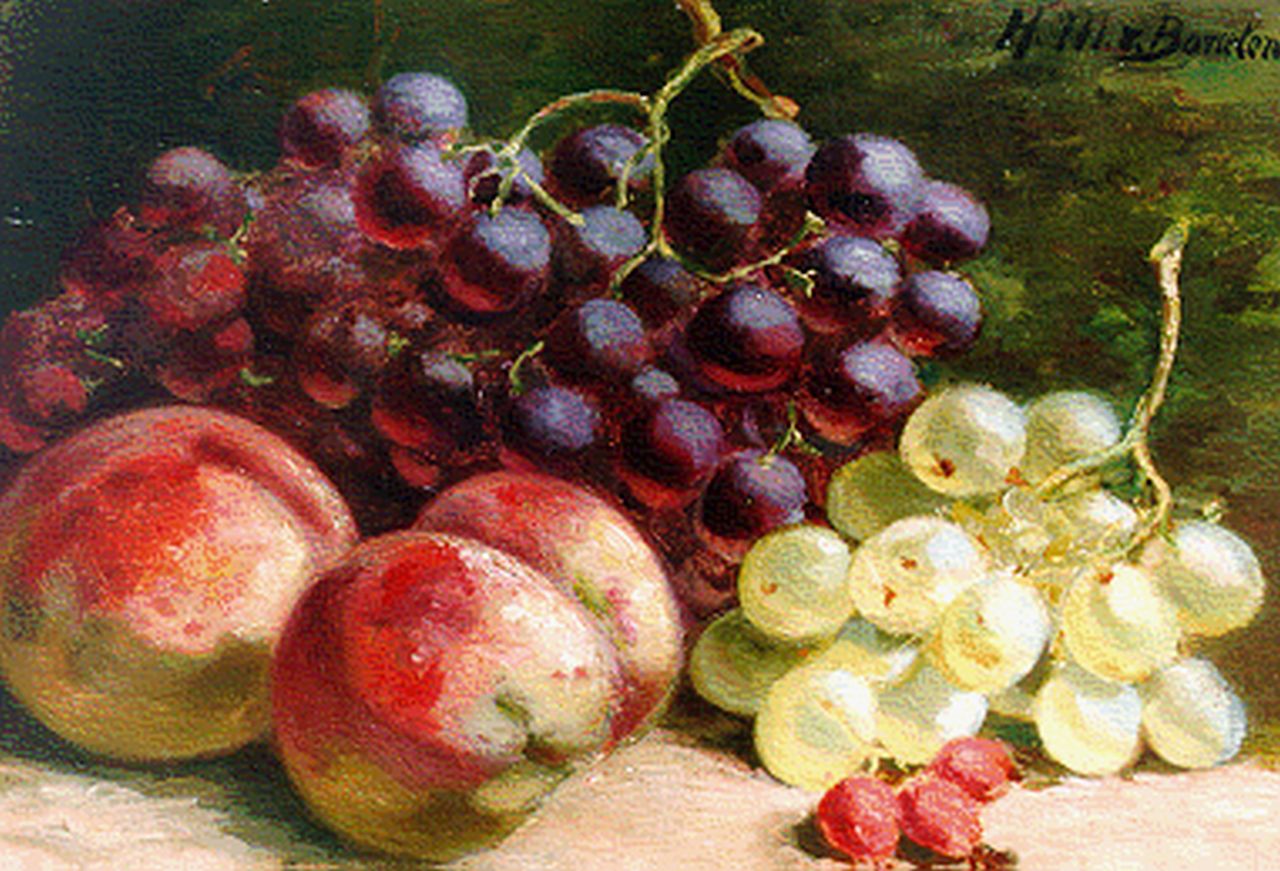 Borselen H.M. van | Helena Maria van Borselen, Perziken, blauwe en witte druiven, olieverf op paneel 21,2 x 30,0 cm, gesigneerd rechtsboven