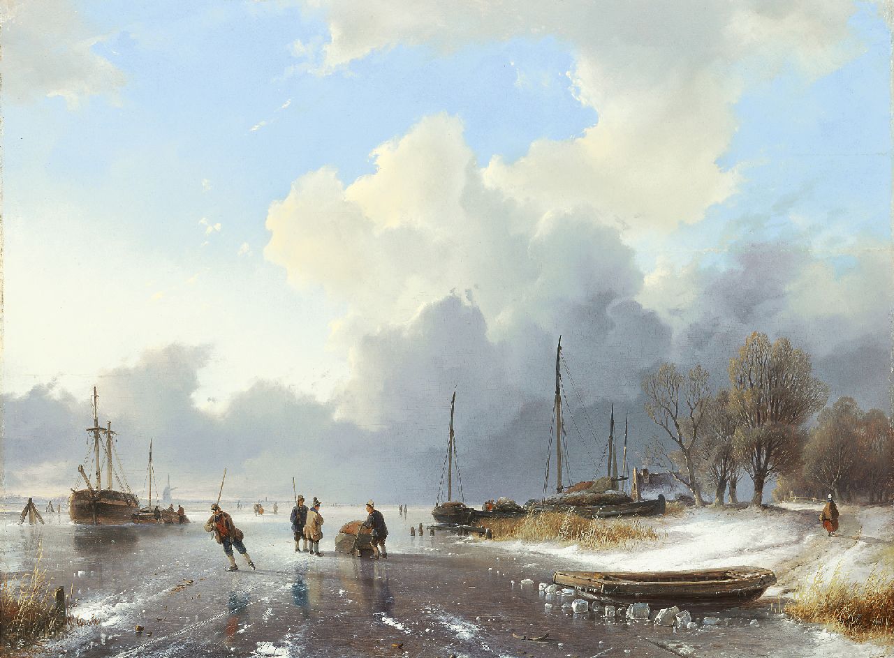 Haanen R.A.  | Remigius Adrianus Haanen, Bevroren havenmond met schaatsers, olieverf op paneel 51,0 x 67,0 cm, gesigneerd rechtsonder op de boot en gedateerd 1842