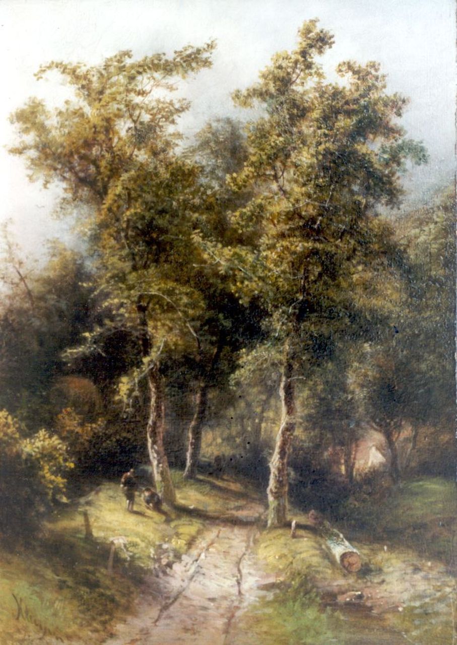 Kluyver P.L.F.  | 'Pieter' Lodewijk Francisco Kluyver, Figuren bij een bospad, olieverf op paneel 34,8 x 24,8 cm, gesigneerd linksonder