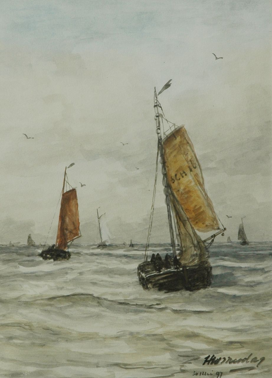 Mesdag H.W.  | Hendrik Willem Mesdag, Bomschuiten op zee, aquarel op papier 35,8 x 25,3 cm, gesigneerd rechtsonder en 30 mei 97