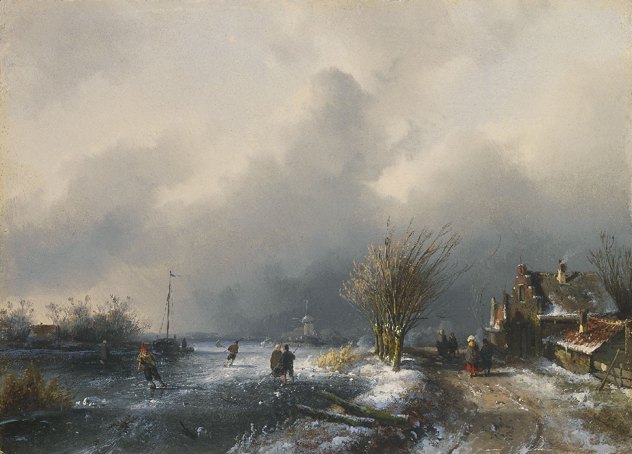Leickert C.H.J.  | 'Charles' Henri Joseph Leickert, IJsgezicht bij naderende sneeuwstorm, olieverf op paneel 20,4 x 28,2 cm, gesigneerd rechtsonder en te dateren ca. 1852