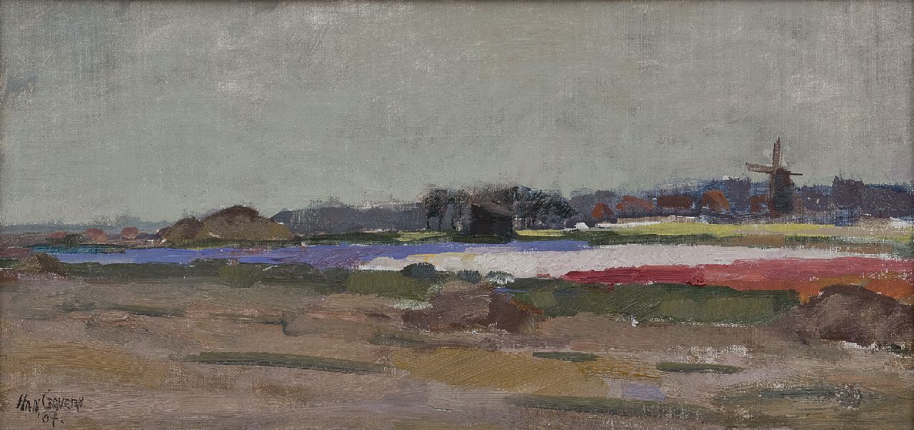 Grovers H.  | Han Grovers, Landschap met bollenvelden en molen, olieverf op doek op paneel 23,3 x 48,8 cm, gesigneerd 'Han G(r)overs' linksonder en gedateerd '37