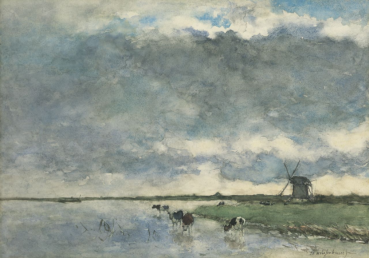 Weissenbruch H.J.  | Hendrik Johannes 'J.H.' Weissenbruch, Polderlandschap met molen en vee, aquarel op papier 38,7 x 54,6 cm, gesigneerd rechtsonder