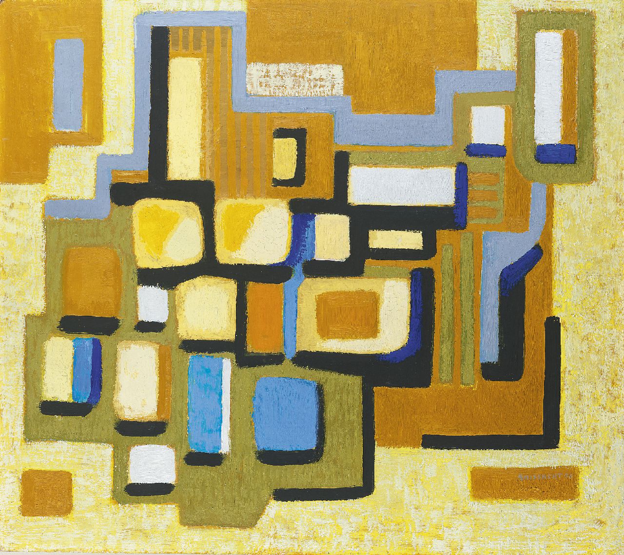 Smissaert P.A. | Pieter Adriaan 'Piet' Smissaert, Compositie in blauw, groen en geel (behorend bij 11842), olieverf op board 65,8 x 75,2 cm, gesigneerd rechtsonder en gedateerd '56 Smissaert P.A. | Pieter Adriaan 'Piet' Smissaert, Compositie in blauw, groen en geel (behorend bij 11842), olieverf op board 65,8 x 75,2 cm, gesigneerd rechtsonder en gedateerd '56