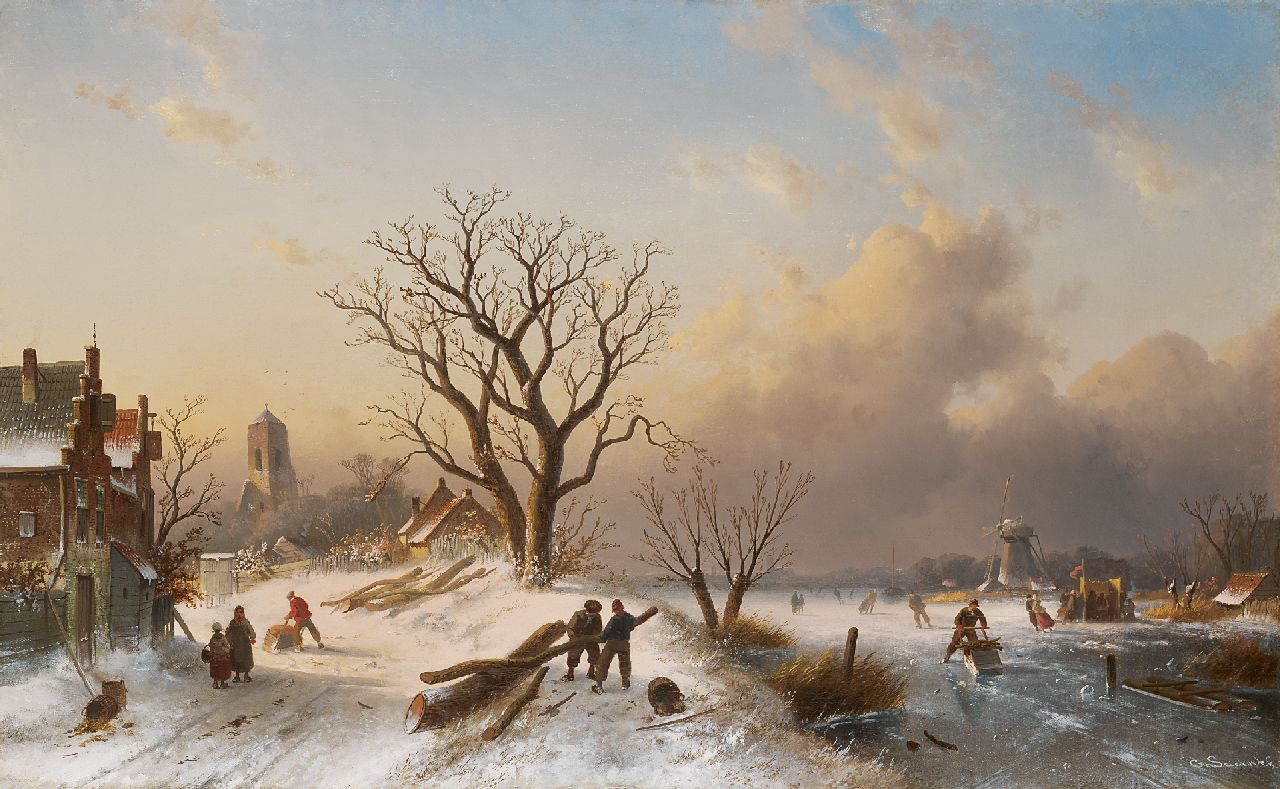 Leickert C.H.J. | 'Charles' Henri Joseph Leickert, Hollands winterlandschap met schaatsers en houthakkers, olieverf op doek 62,0 x 101,0 cm, gesigneerd rechtsonder en te dateren ca. 1860-1865 Leickert C.H.J. | 'Charles' Henri Joseph Leickert, Hollands winterlandschap met schaatsers en houthakkers, olieverf op doek 62,0 x 101,0 cm, gesigneerd rechtsonder en te dateren ca. 1860-1865