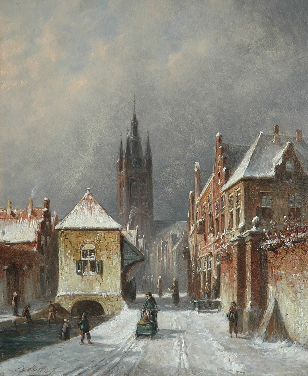 Vertin P.G.  | Petrus Gerardus Vertin, Winters stadsgezicht met de Oude Kerk van Delft, olieverf op paneel 24,1 x 20,0 cm, gesigneerd linksonder