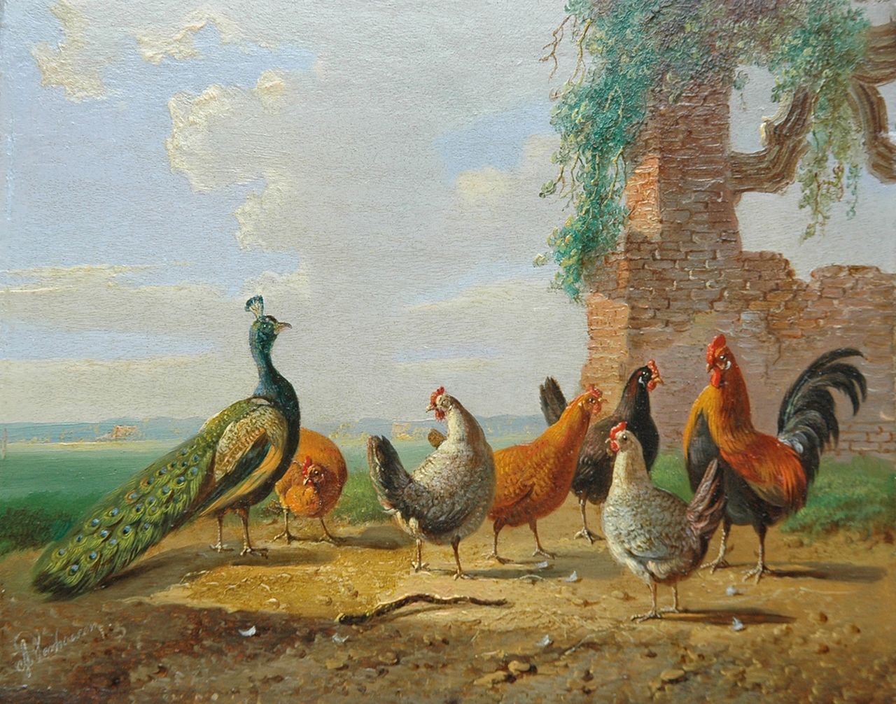 Verhoesen A.  | Albertus Verhoesen, Een pauw, haan en kippen in een zomerlandschap, olieverf op paneel 13,6 x 16,9 cm, gesigneerd linksonder