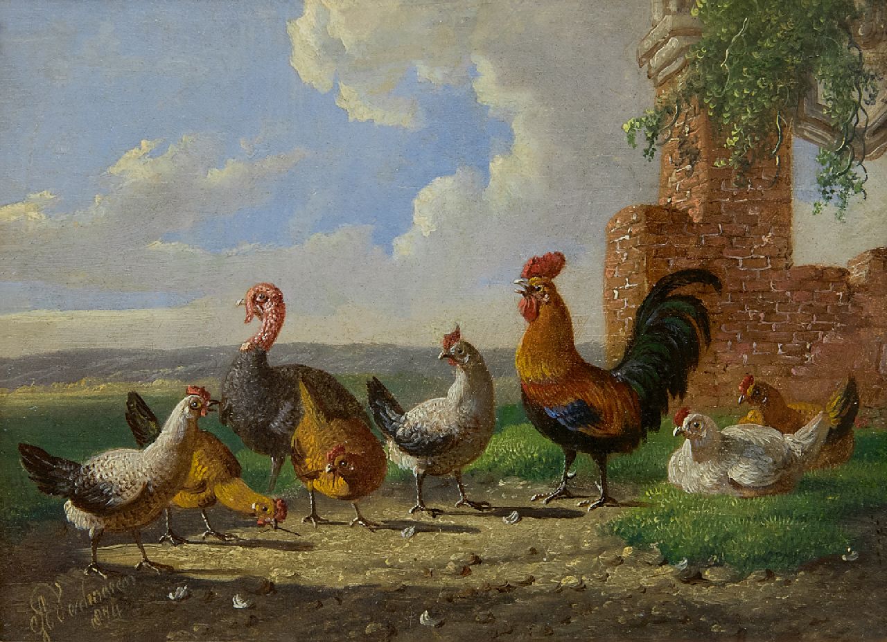 Verhoesen A.  | Albertus Verhoesen, Een kalkoen, haan en kippen in een landschap, olieverf op paneel 13,0 x 17,6 cm, gesigneerd linksonder en gedateerd 1874