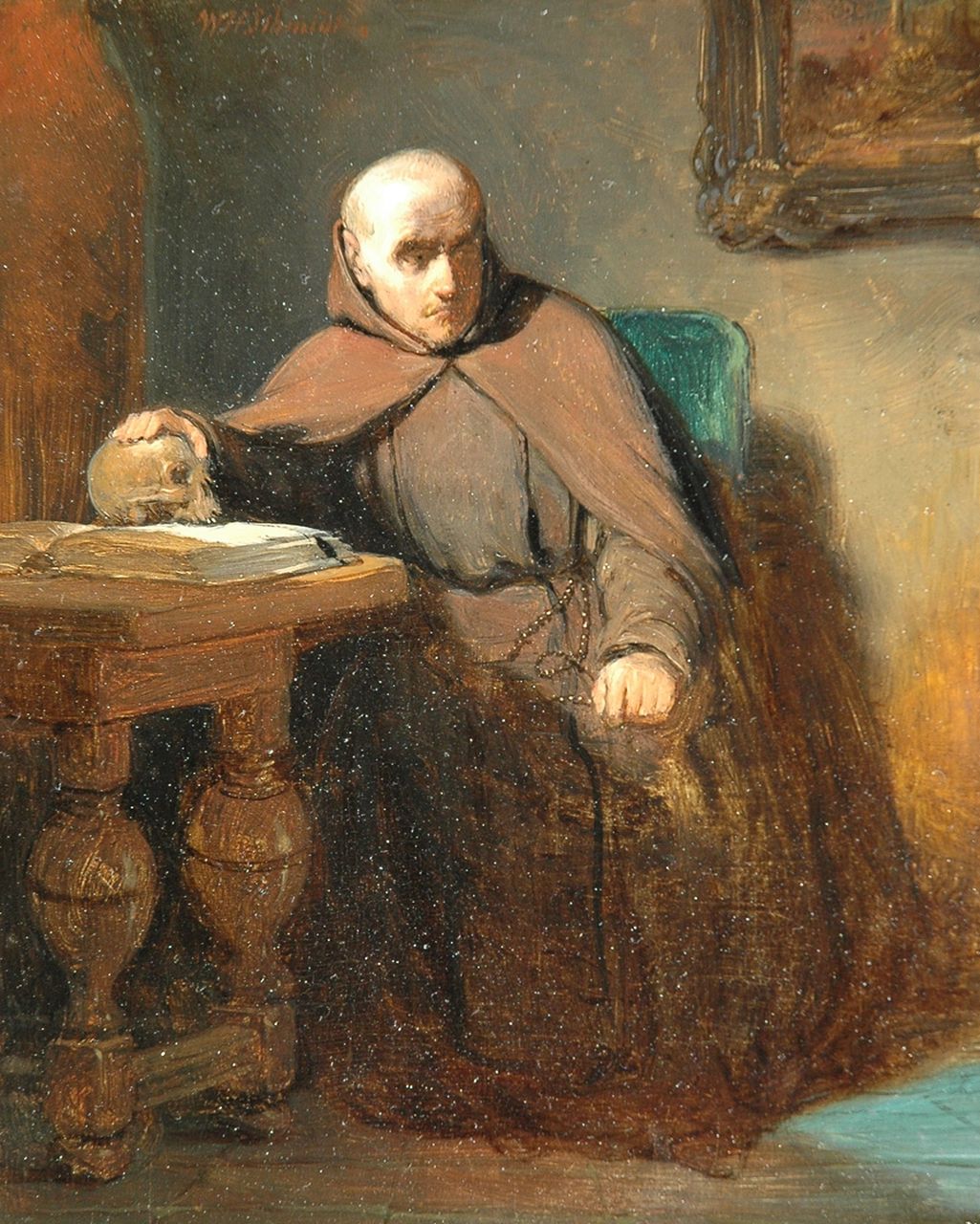 Schmidt W.H.  | Willem Hendrik Schmidt, Memento mori: een monnik in zijn cel, olieverf op paneel 19,8 x 15,7 cm, gesigneerd linksboven