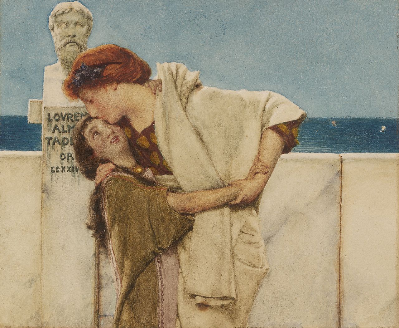 Alma Tadema L.  | Lourens Alma Tadema, De kus, pen en inkt en aquarel op papier 10,7 x 13,1 cm, gesigneerd links van het midden op de sokkel van de herme en te dateren 1881