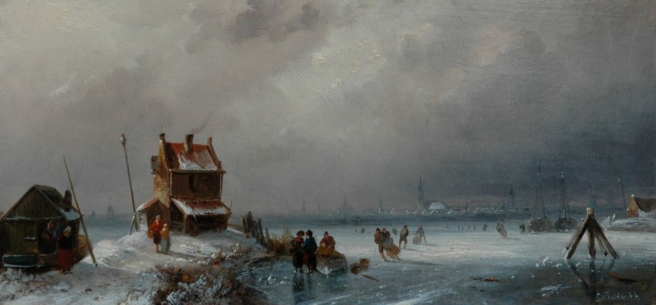 Leickert C.H.J.  | 'Charles' Henri Joseph Leickert, Schaatsers op het ijs op een bewolkte winterdag, olieverf op paneel 14,4 x 30,4 cm, gesigneerd rechtsonder