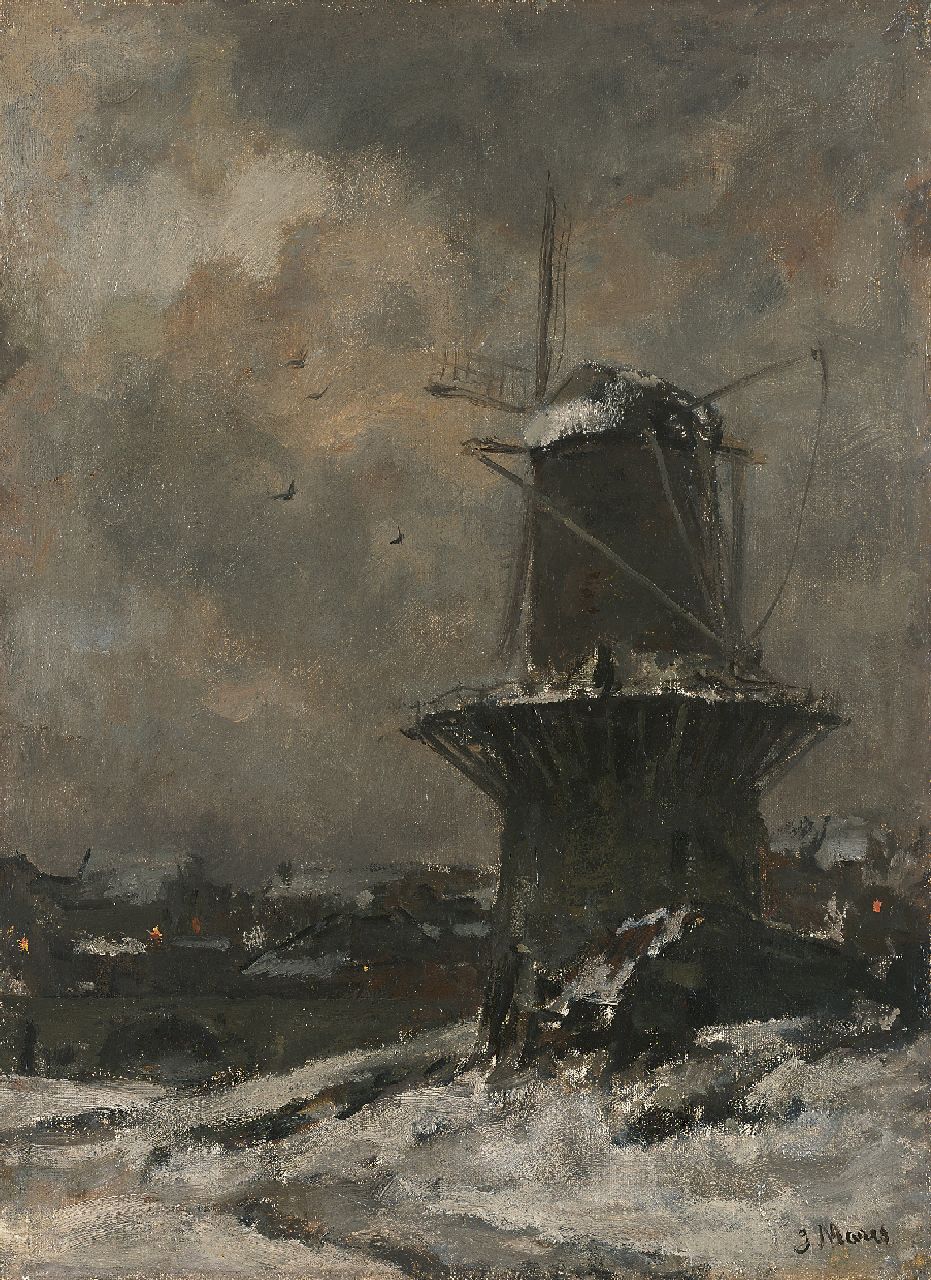 Maris J.H.  | Jacobus Hendricus 'Jacob' Maris, Stellingmolen in besneeuwd landschap bij avond, olieverf op doek 47,4 x 35,2 cm, gesigneerd rechtsonder