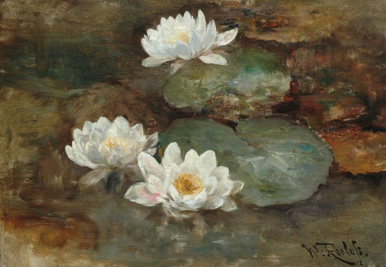 Roelofs W.  | Willem Roelofs, Waterlelies, olieverf op doek 41,1 x 58,3 cm, gesigneerd rechtsonder