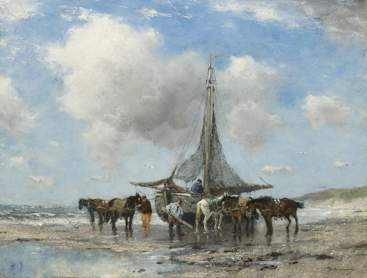 Scherrewitz J.F.C.  | Johan Frederik Cornelis Scherrewitz, Visserspink en trekpaarden op het strand, olieverf op doek 50,8 x 66,1 cm, gesigneerd rechtsonder