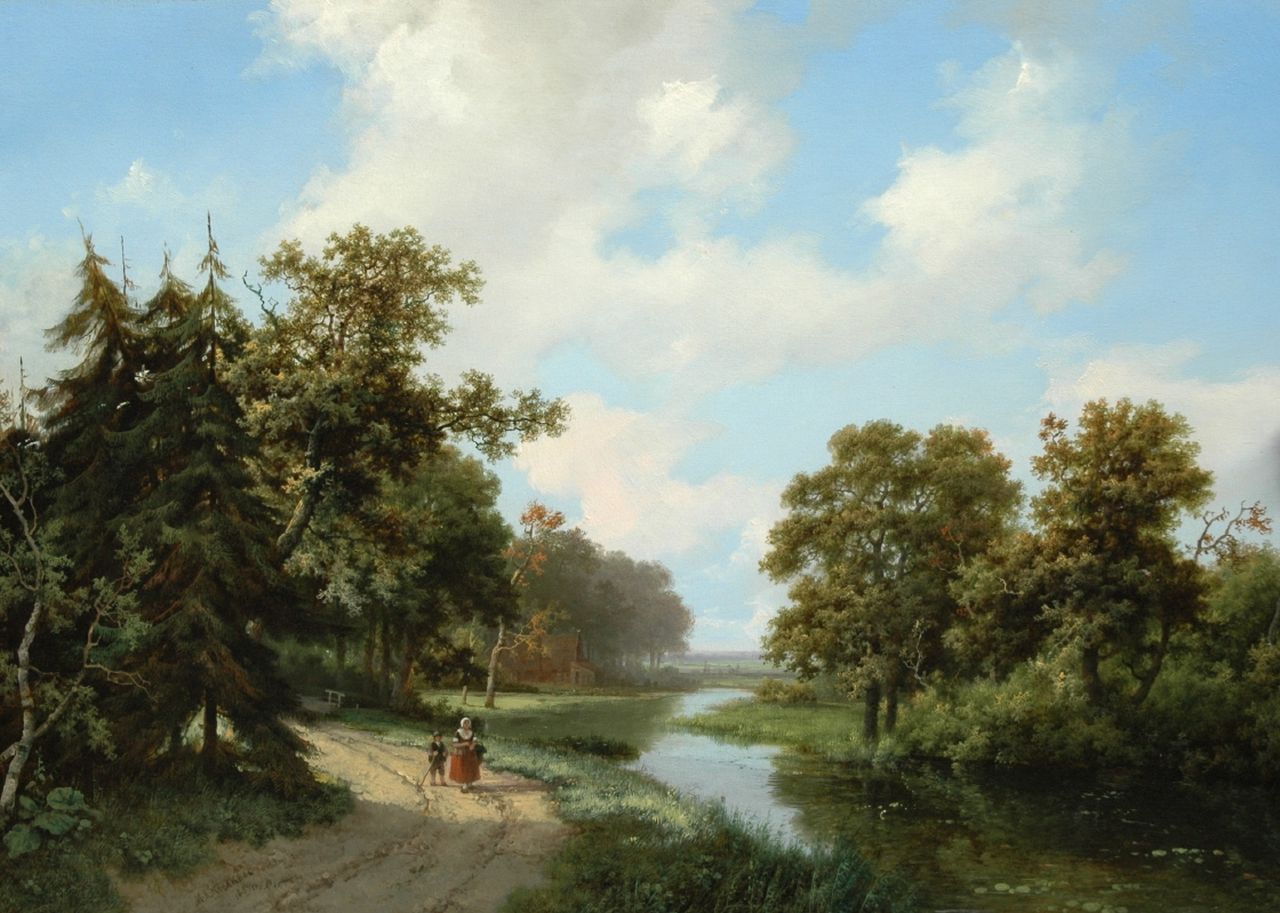 Koekkoek I M.A.  | Marinus Adrianus Koekkoek I, Boerenvrouw en kind op een pad langs een bosbeek, olieverf op paneel 45,4 x 64,2 cm, gesigneerd linksonder en gedateerd 1854
