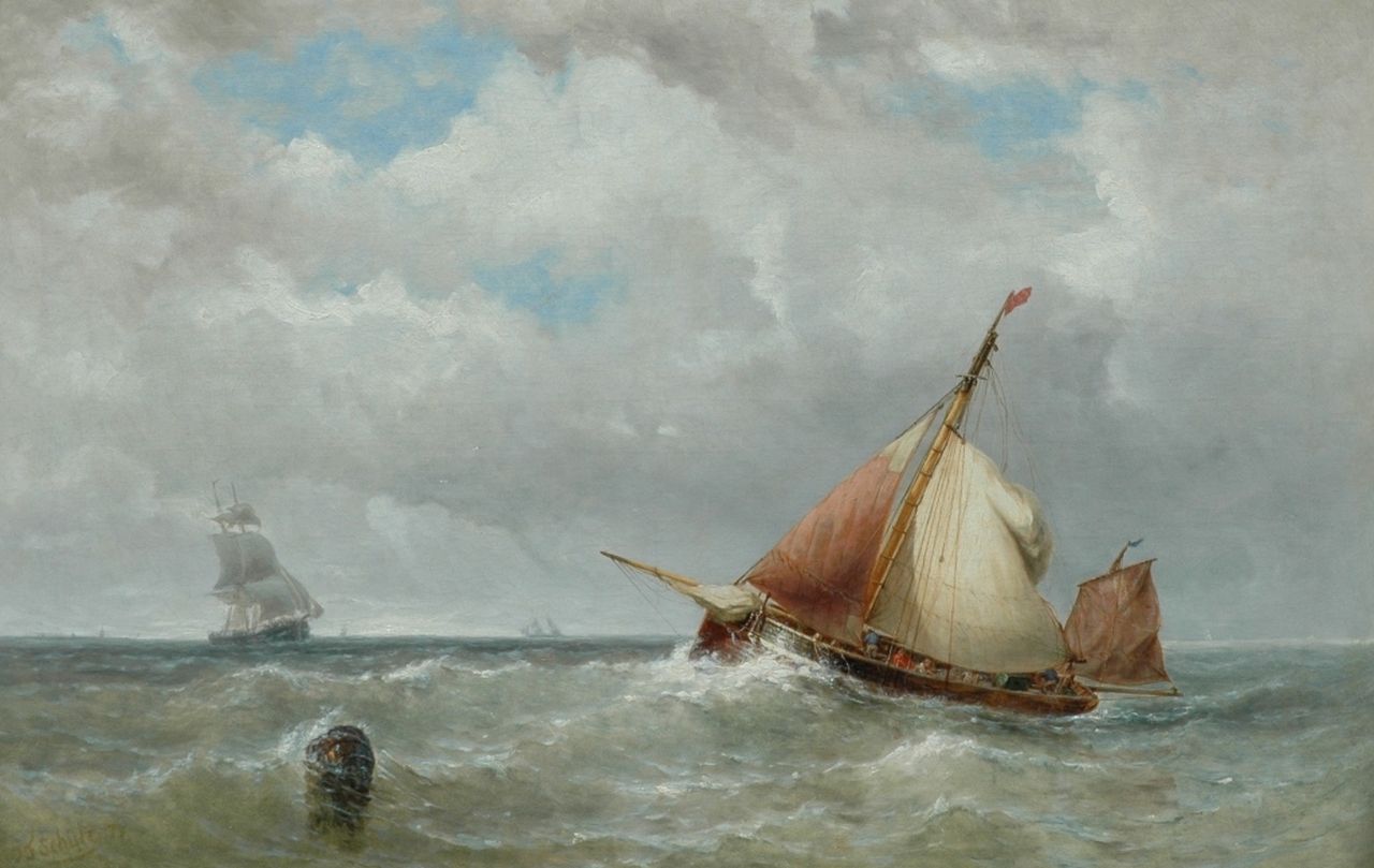 Schütz J.F. | Jan Frederik Schütz, Zeilende loods voor de Zeeuwse kust, olieverf op doek 69,5 x 104,0 cm, gesigneerd linksonder en gedateerd '71 Schütz J.F. | Jan Frederik Schütz, Zeilende loods voor de Zeeuwse kust, olieverf op doek 69,5 x 104,0 cm, gesigneerd linksonder en gedateerd '71