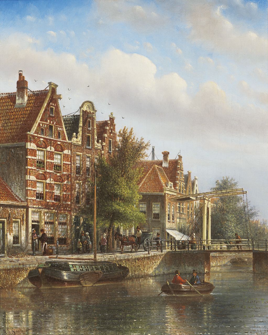 Spohler J.F.  | Johannes Franciscus Spohler, Zomers stadsgezicht met afgemeerde trekschuit en roeibootje, olieverf op doek 44,0 x 35,0 cm, gesigneerd linksonder