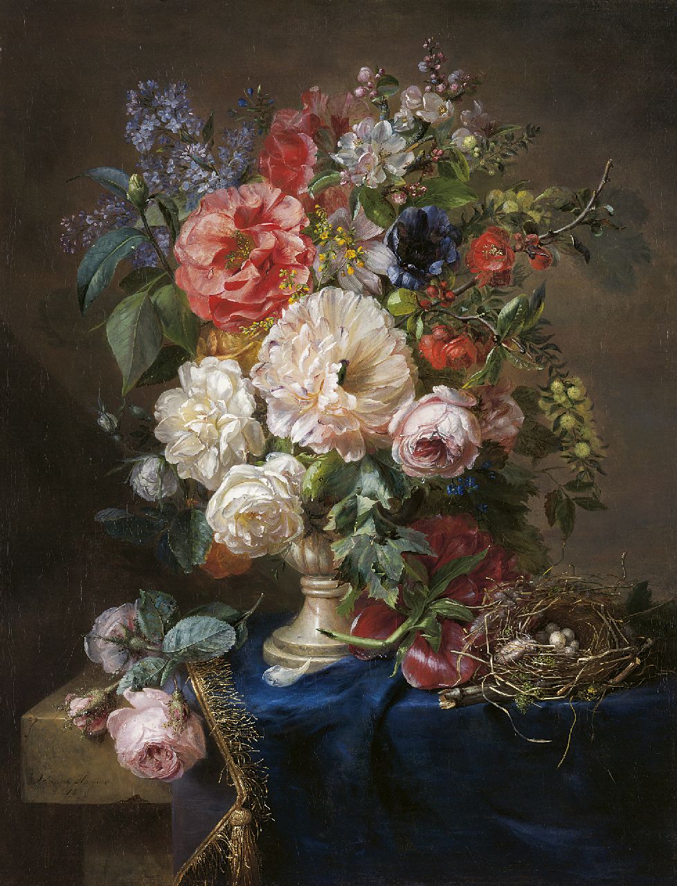 Haanen A.J.  | Adriana Johanna Haanen, Bloemstilleven met rozen, sering en bloesem, en een vogelnestje, olieverf op doek 71,0 x 55,0 cm, gesigneerd linksonder en gedateerd 1848