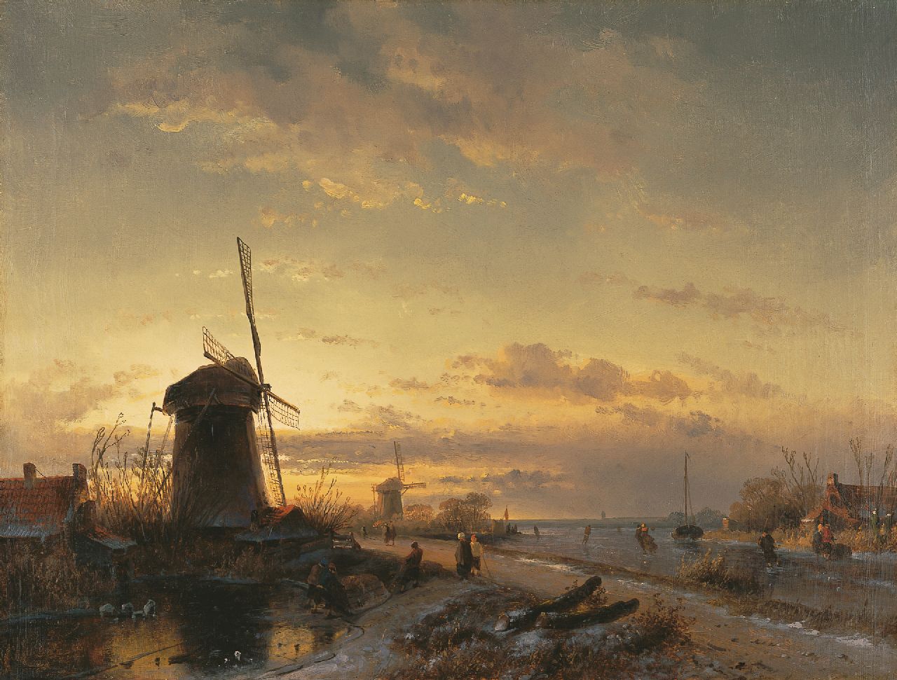 Leickert C.H.J.  | 'Charles' Henri Joseph Leickert, Landschap met schaatsers bij zonsondergang, olieverf op doek 43,5 x 57,6 cm, gesigneerd linksonderresten van signatuur