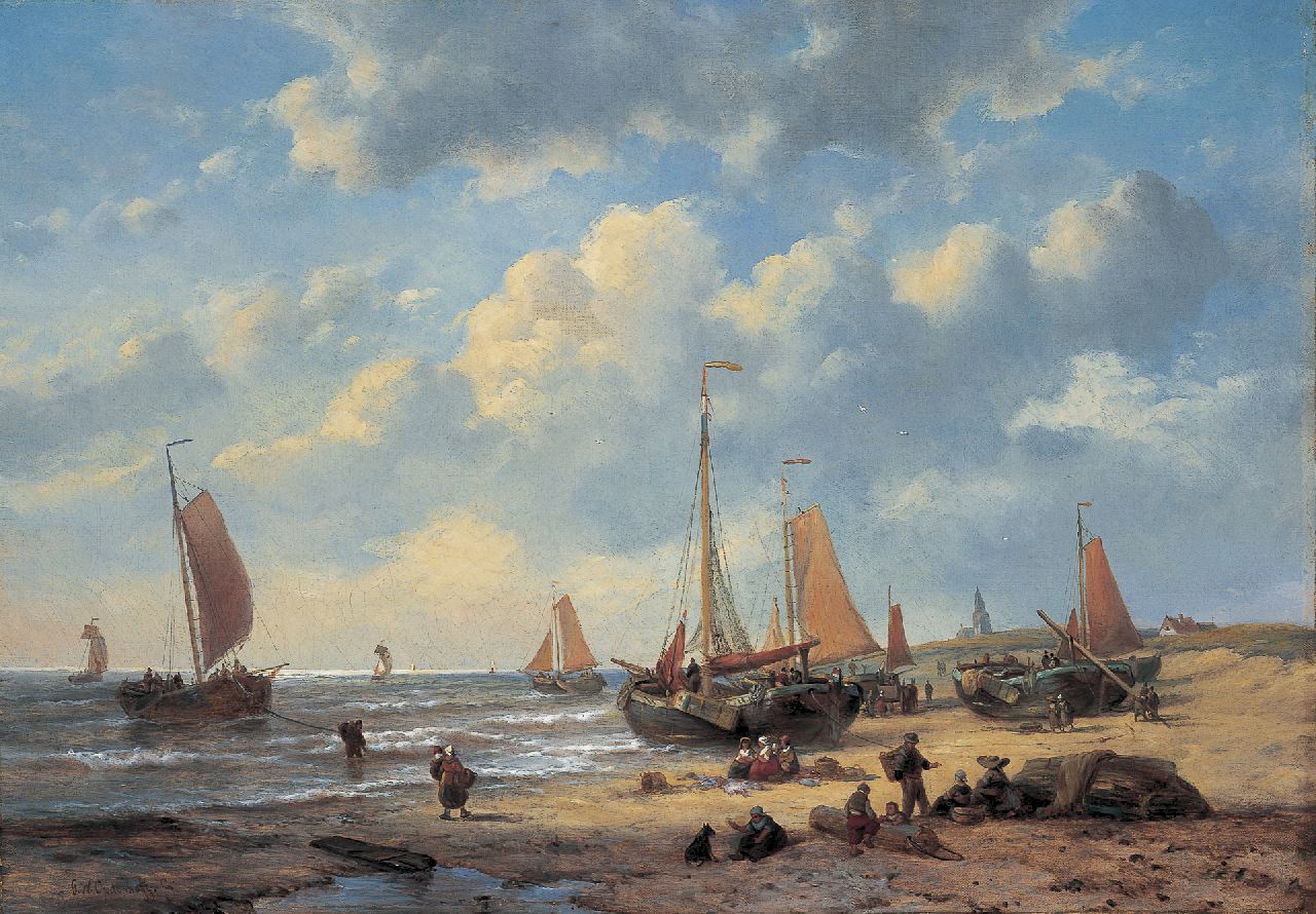 Opdenhoff G.W.  | Witzel 'George Willem' Opdenhoff, Bomschuiten op het strand van Scheveningen, olieverf op doek 48,0 x 68,5 cm, gesigneerd linksonder