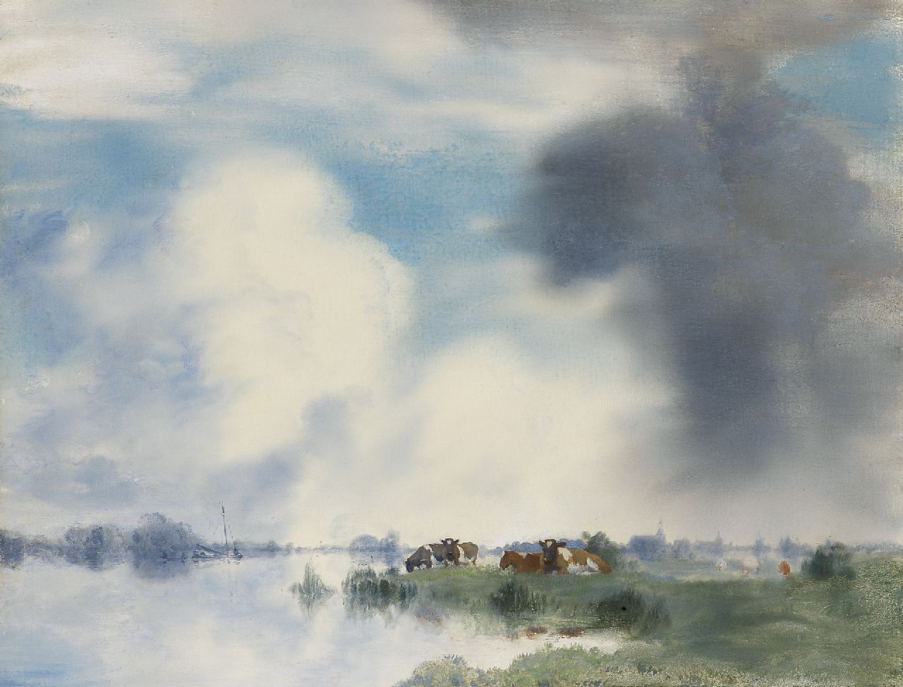 Voerman sr. J.  | Jan Voerman sr., Koeien langs de IJssel bij Hattem, olieverf op paneel 39,9 x 52,2 cm, gesigneerd rechtsonder (vaag)