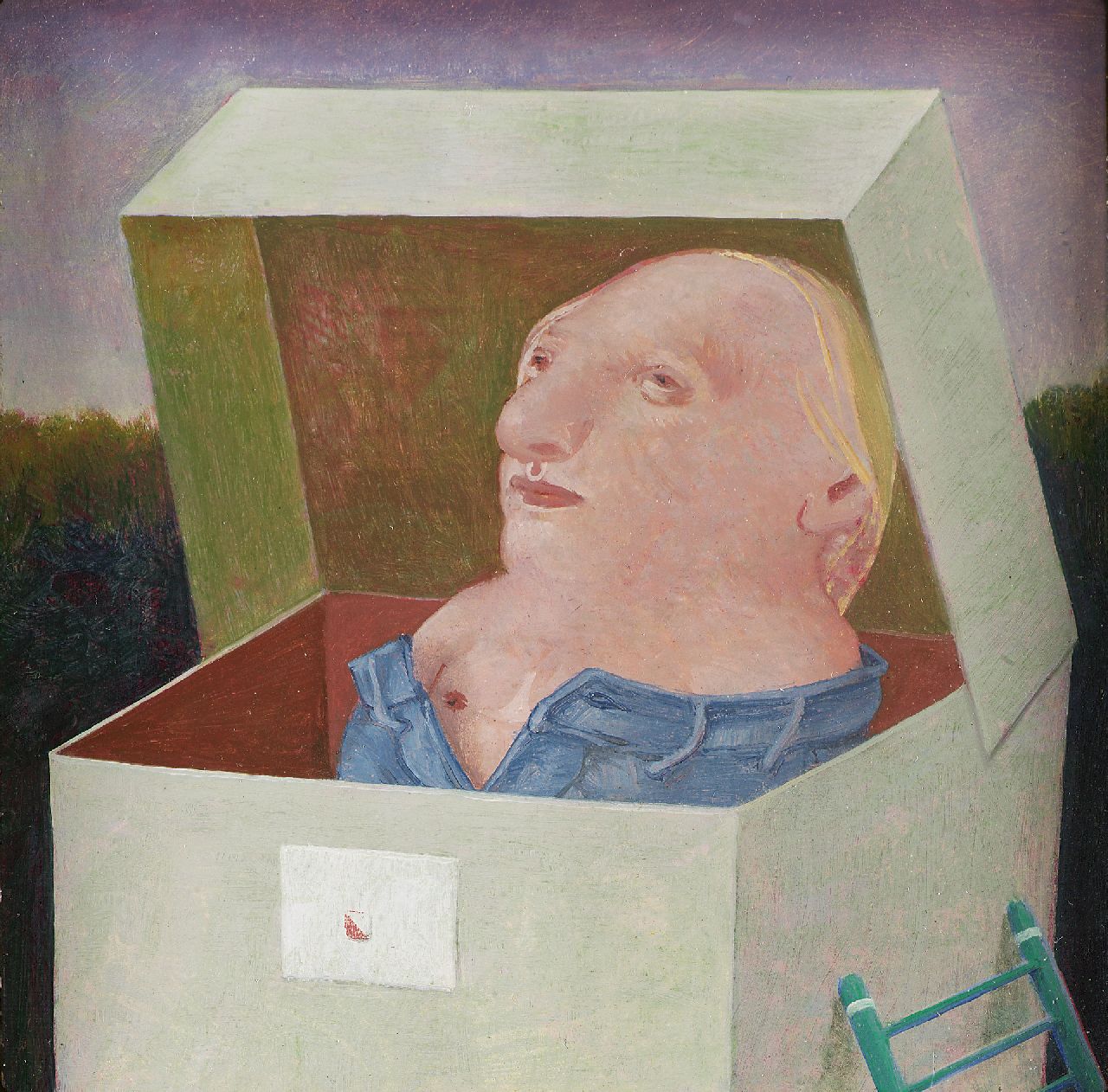 Poppel P.A.T. van | Petrus Antonius Theodorus 'Peter' van Poppel, Figuur in een doos, olieverf op papier op paneel 10,0 x 10,0 cm, gesigneerd verso en verso gedateerd 1972