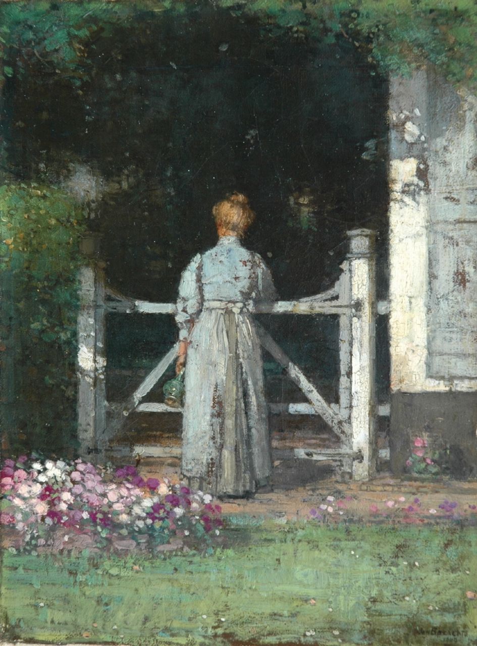 Bogaerts J.J.M.  | Johannes Jacobus Maria 'Jan' Bogaerts, Bij het tuinhek, olieverf op doek 32,2 x 23,6 cm, gesigneerd rechtsonder en gedateerd 1909