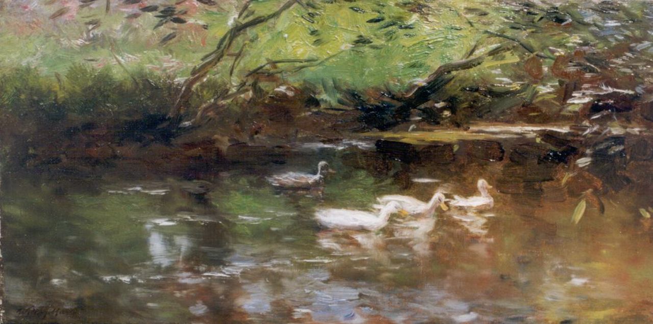 Maris W.  | Willem Maris, Eenden in het water, olieverf op doek 22,0 x 44,0 cm, gesigneerd linksonder