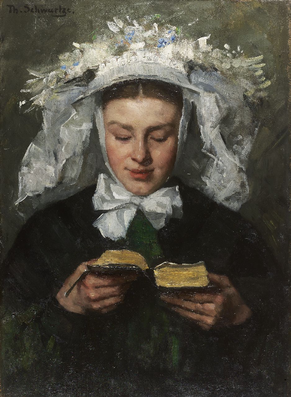 Schwartze T.  | Thérèse Schwartze, Lezende jonge vrouw in Brabantse dracht, olieverf op doek 72,4 x 51,9 cm, gesigneerd linksboven en te dateren