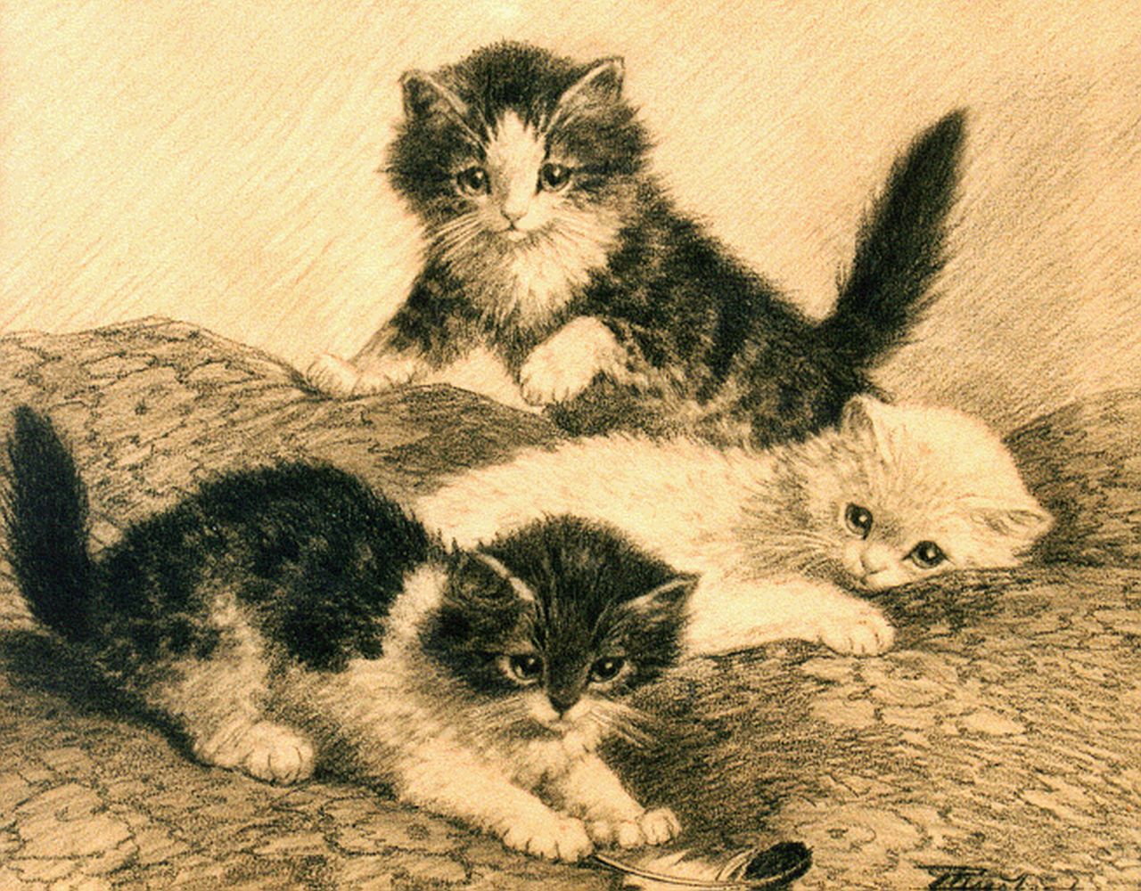 Raaphorst C.  | Cornelis Raaphorst, Spelende katjes, tekening op papier 27,5 x 34,0 cm, gesigneerd rechtsonder