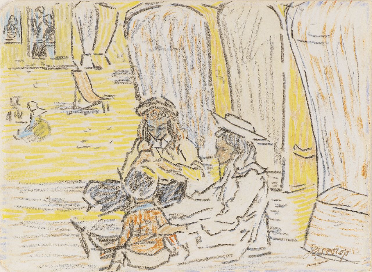 Toorop J.Th.  | Johannes Theodorus 'Jan' Toorop, Kinderen op het strand van Domburg, potlood en gekleurd krijt op papier 11,5 x 15,6 cm, gesigneerd rechtsonder en te dateren ca. 1907