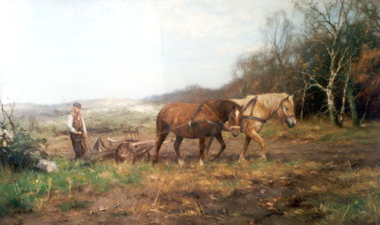 Holtrup J.  | Jan Holtrup, Paarden voor de ploeg, olieverf op doek 60,0 x 100,4 cm, gesigneerd linksonder