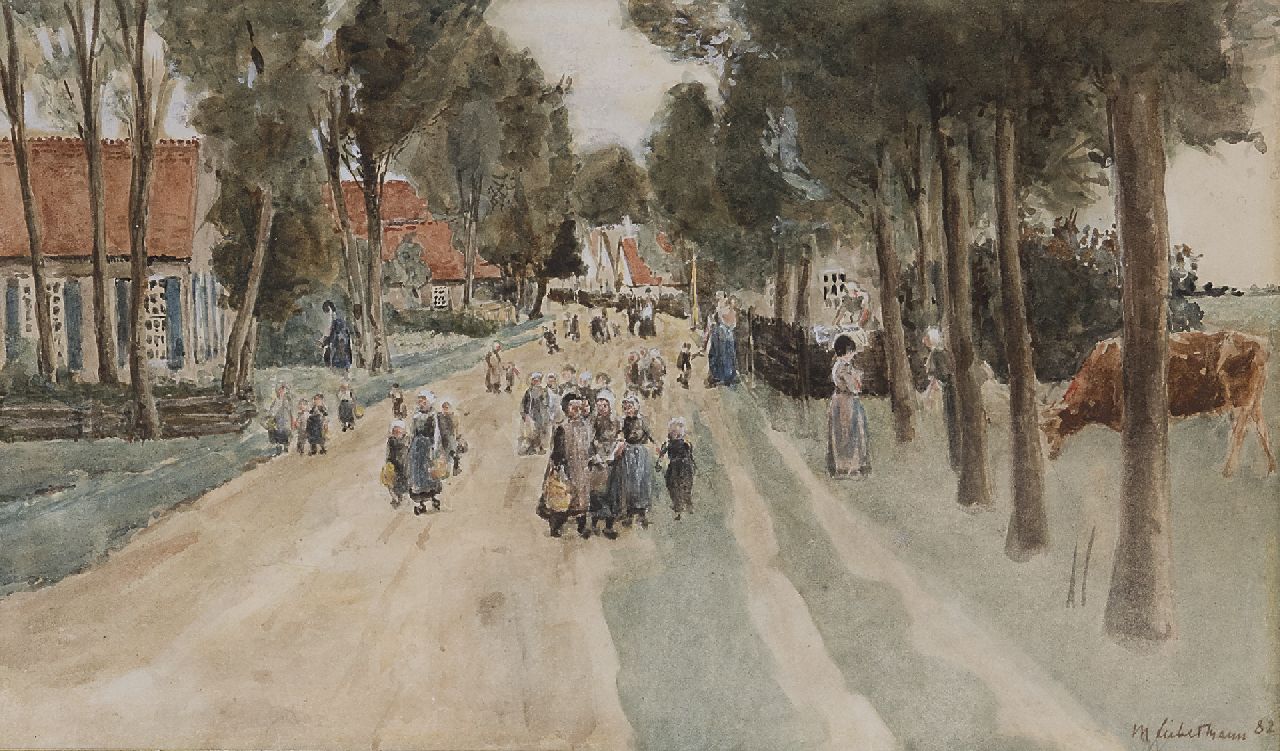 Liebermann M. | Max Liebermann, Dorpsstraat met kinderen in Laren, aquarel op papier 18,3 x 29,7 cm, gesigneerd rechtsonder en gedateerd '82 Liebermann M. | Max Liebermann, Dorpsstraat met kinderen in Laren, aquarel op papier 18,3 x 29,7 cm, gesigneerd rechtsonder en gedateerd '82