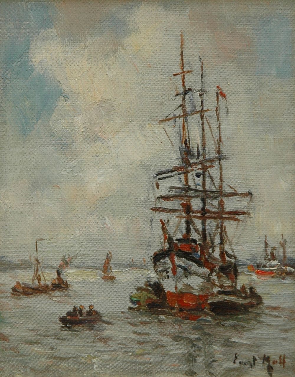 Moll E.  | Evert Moll, Duwschepen met driemaster op de Nieuwe Maas, Rotterdam, olieverf op doek op paneel 14,0 x 11,0 cm, gesigneerd rechtsonder