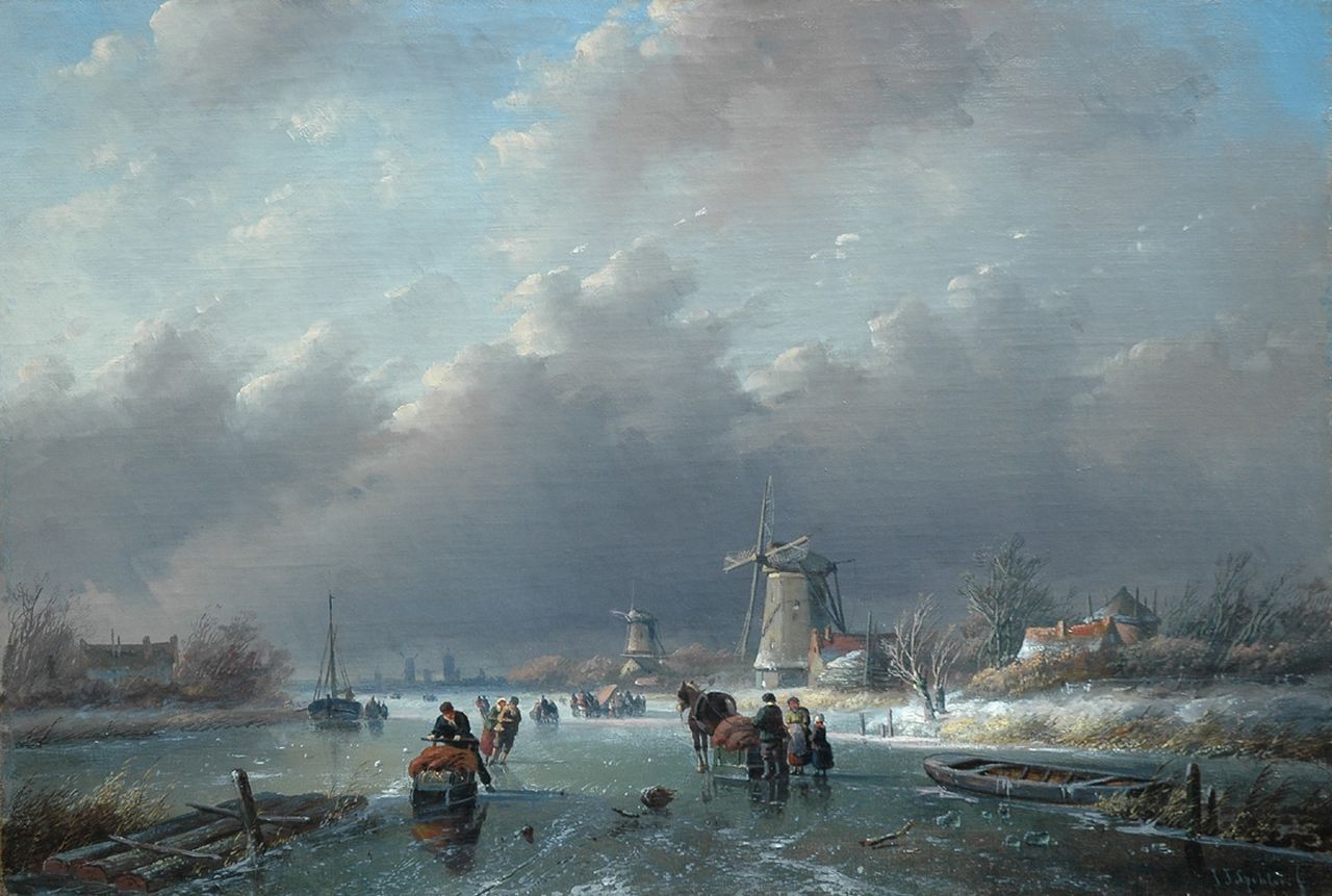 Spohler J.J.  | Jan Jacob Spohler, Schaatsers en sledes op het ijs  (alleen tezamen met 12074), olieverf op doek 38,4 x 56,5 cm, gesigneerd rechtsonder