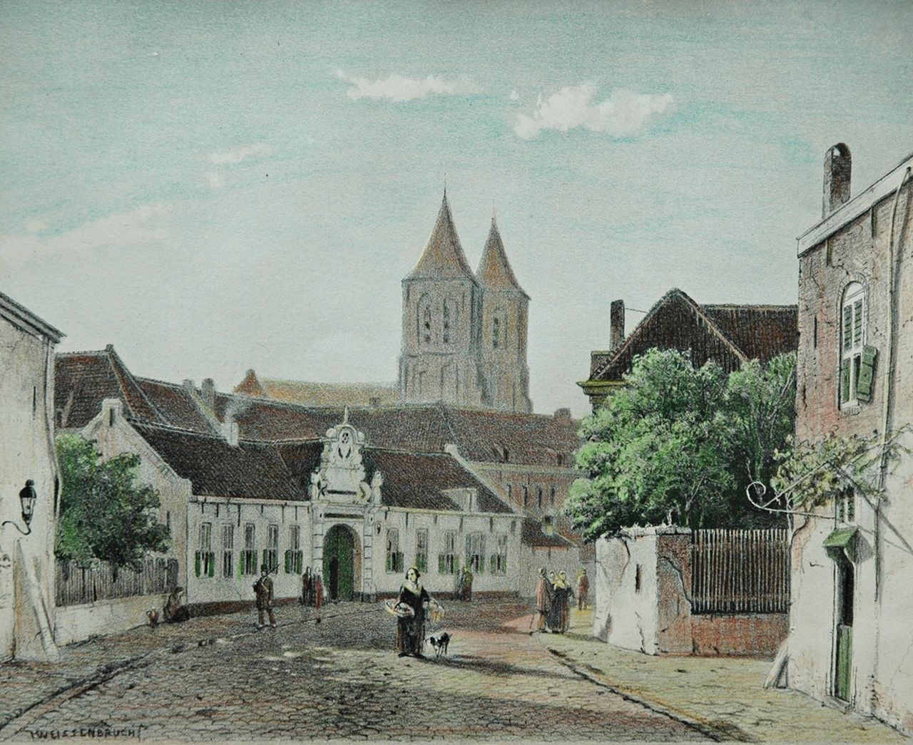 Weissenbruch J.  | Johannes 'Jan' Weissenbruch, Arnhems stadsgezicht, litho 16,5 x 21,5 cm, gesigneerd linksonder