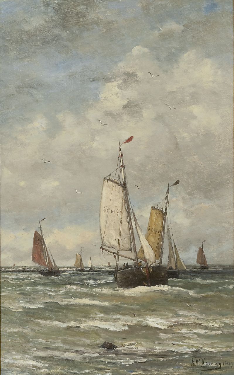 Mesdag H.W.  | Hendrik Willem Mesdag, Bomschuiten op zee, olieverf op doek 78,2 x 48,2 cm, gesigneerd rechtsonder en gedateerd 1899