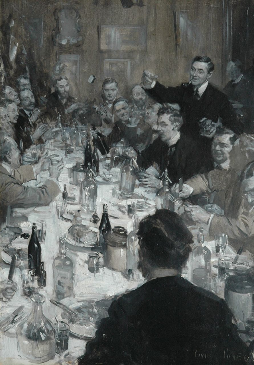 Cuneo C.C.  | Cyrus Cincinnatto Cuneo, Vrijdagavond diner, olieverf op schildersboard 38,6 x 28,3 cm, gesigneerd rechtsonder