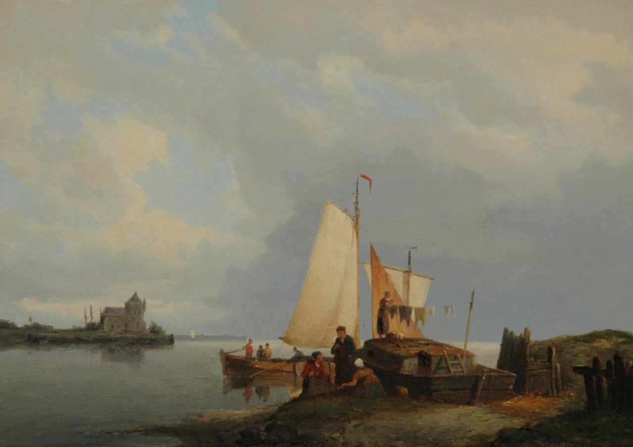 Dommershuijzen P.C.  | Pieter Cornelis Dommershuijzen, Figuren bij een boot aan een riviermonding, een zeilschip vaart langs, olieverf op paneel 27,1 x 38,3 cm, gesigneerd rechtsonder