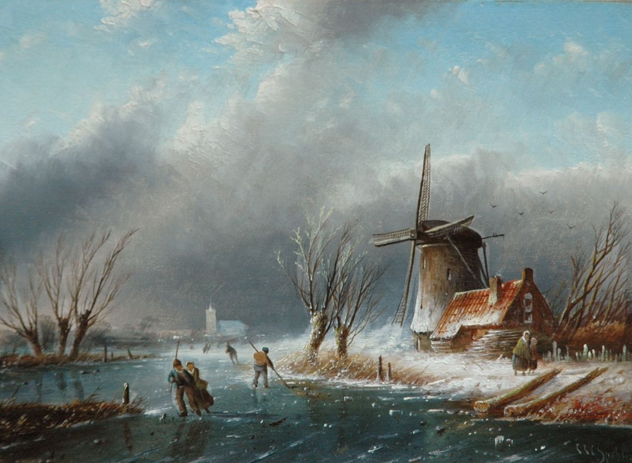 Spohler J.J.C.  | Jacob Jan Coenraad Spohler, Schaatsers op een bevroren plas bij een windmolen, olieverf op paneel 17,9 x 24,2 cm, gesigneerd rechtsonder